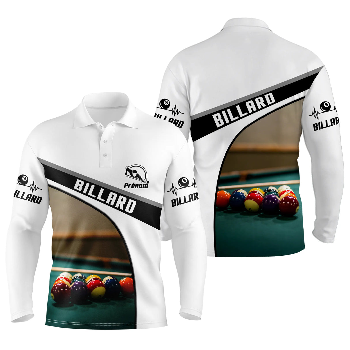 Polo billard manches longues unisexe blanc avec table verte et boules colorées, prénom personnalisé