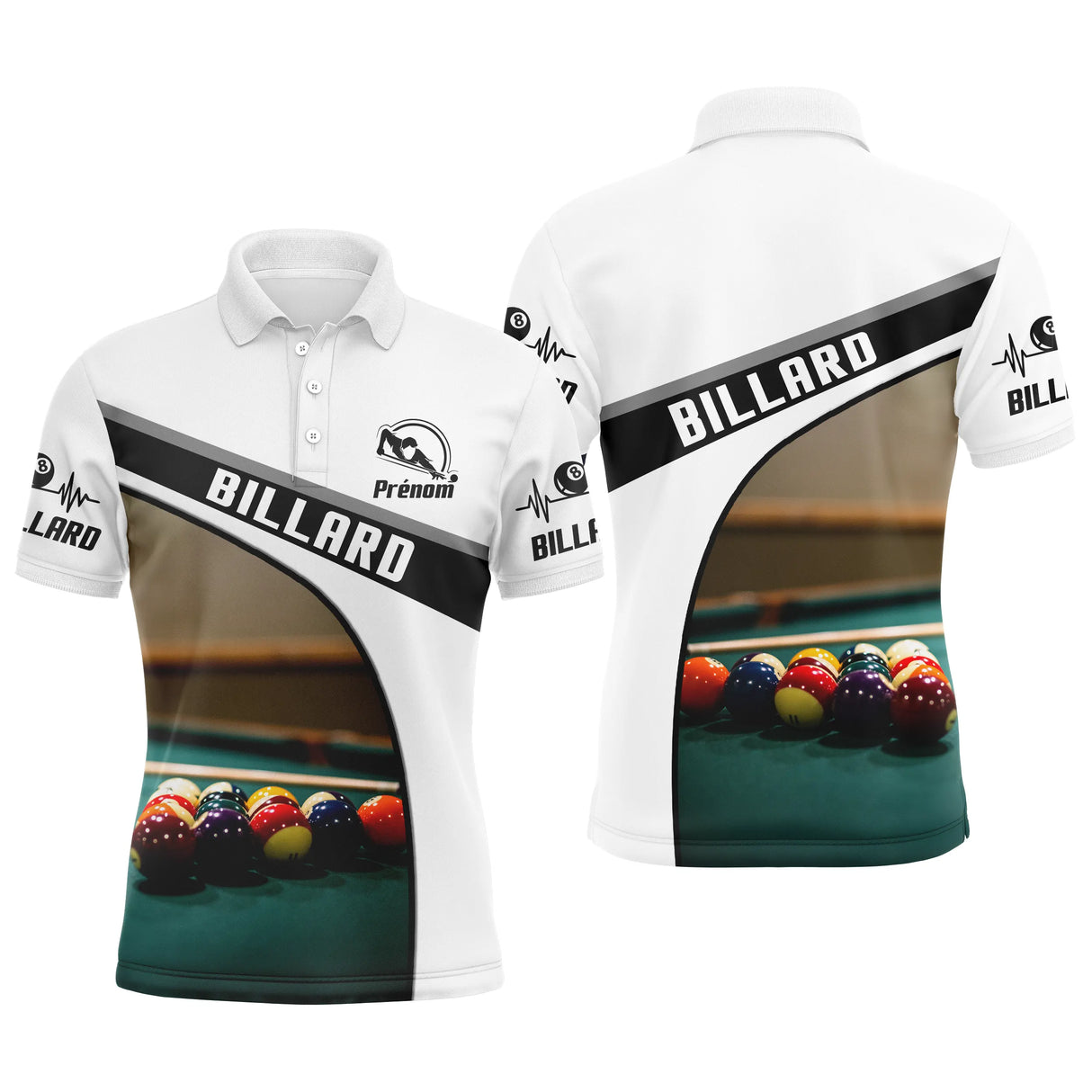 Polo billard blanc homme avec table verte, triangle de boules colorées et inscription BILLARD, prénom personnalisé