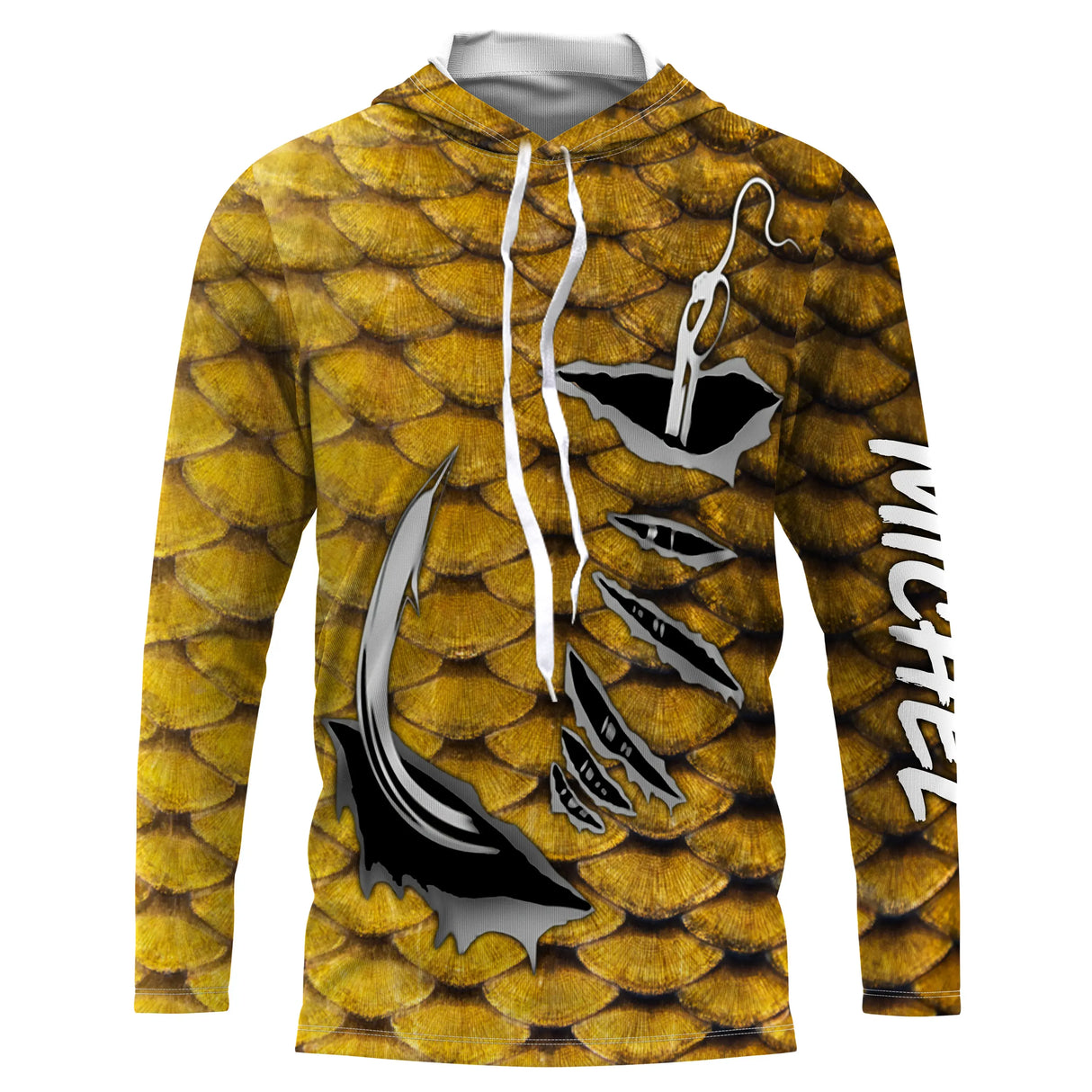 Tee-shirt pêche carpe écailles or all-over avec hameçons noirs proéminents et prénom personnalisé