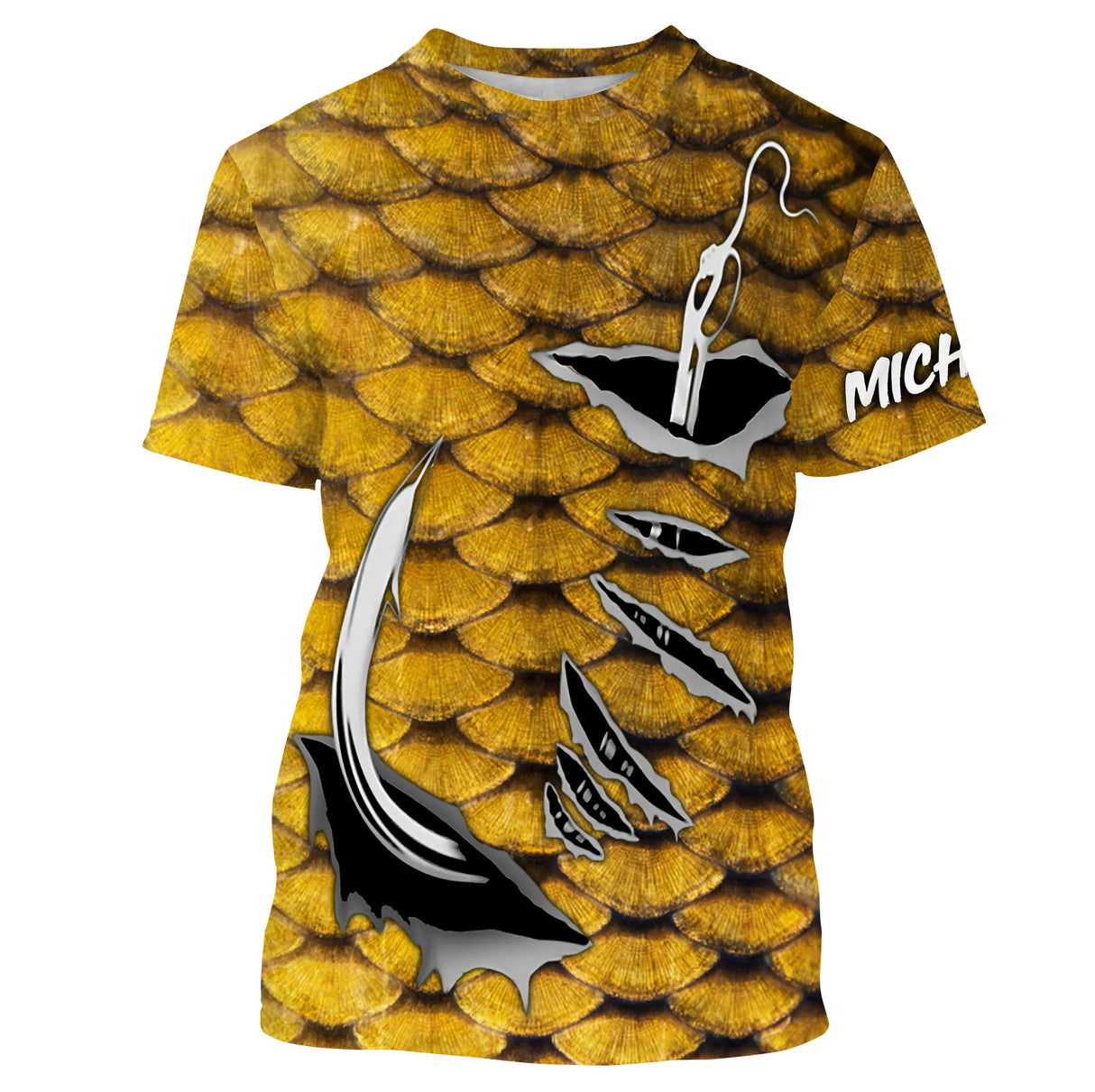 T-shirt col rond pêche carpe écailles or graphique abstrait carpiste