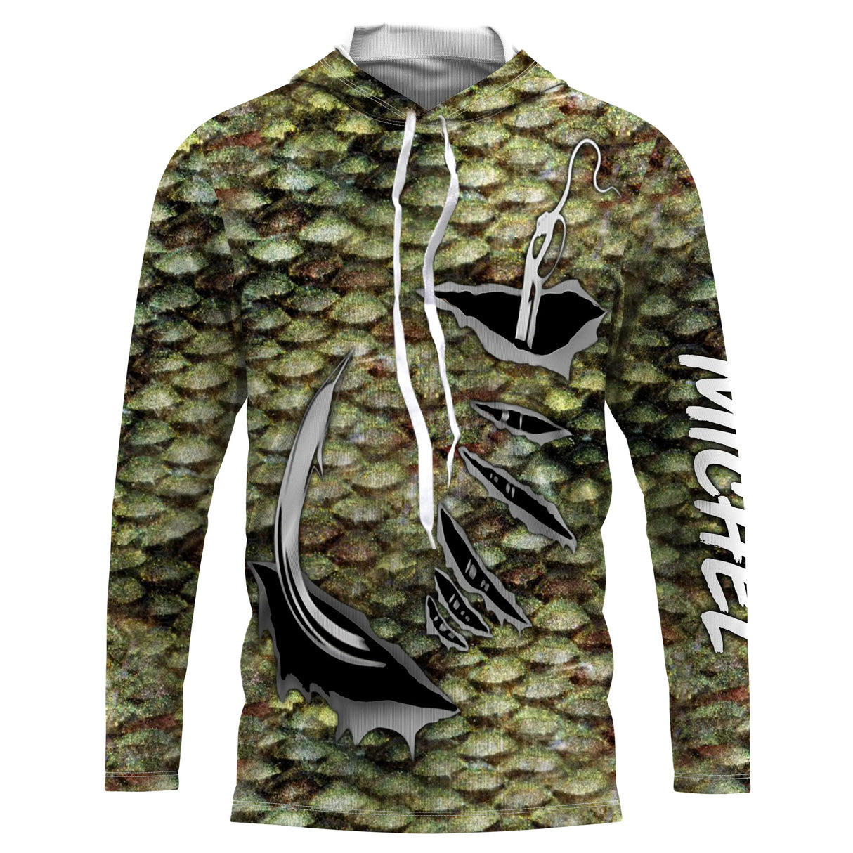 Tee-shirt pêche bar écailles vert-bronze all-over avec hameçons noirs proéminents et prénom personnalisé