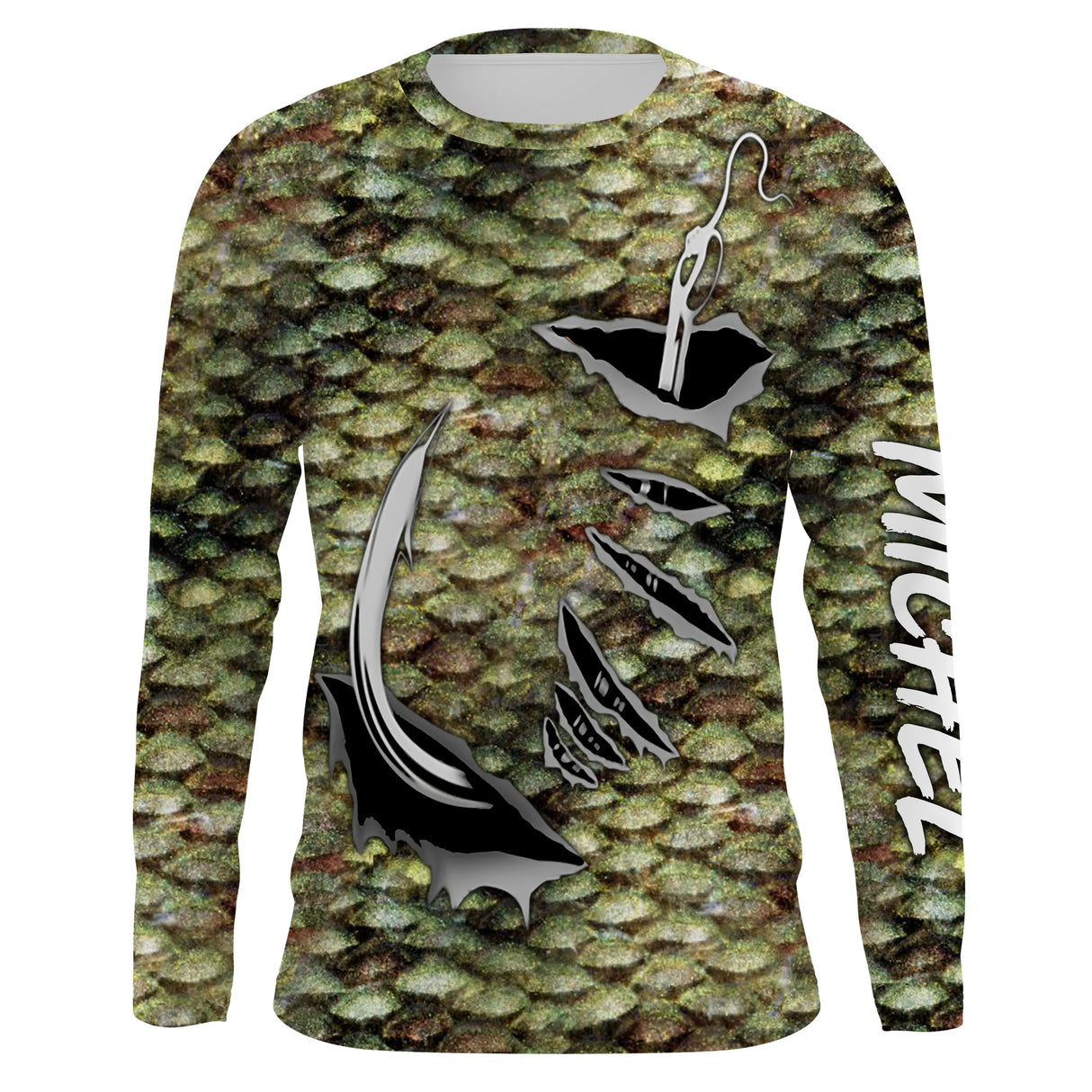 Manches longues pêche bar pattern écailles vert-jaune hameçons noirs design contemporain