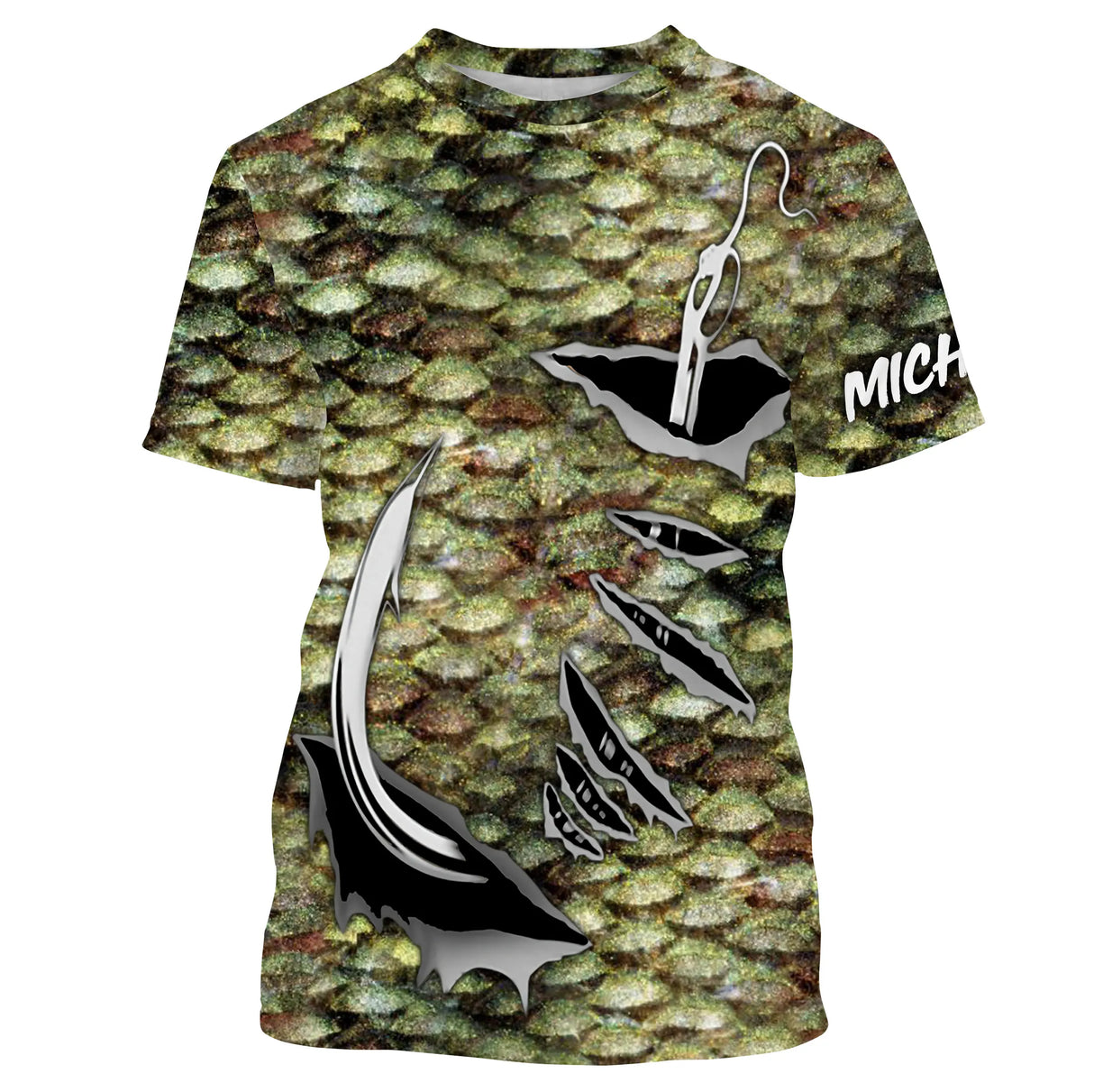 T-shirt col rond pêche bar écailles bronze graphique abstrait côtier