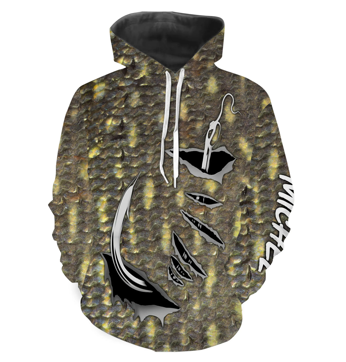 Sweat capuche pêche brochet pattern peau brochet vert-or
