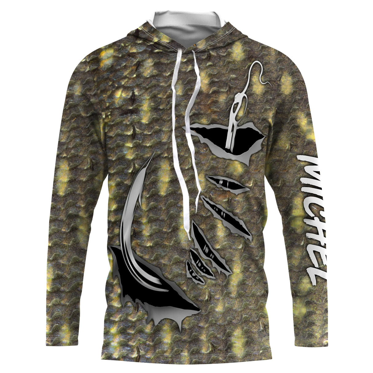Tee-shirt pêche brochet peau vert-or all-over trompe-l'œil avec hameçons noirs et prénom personnalisé