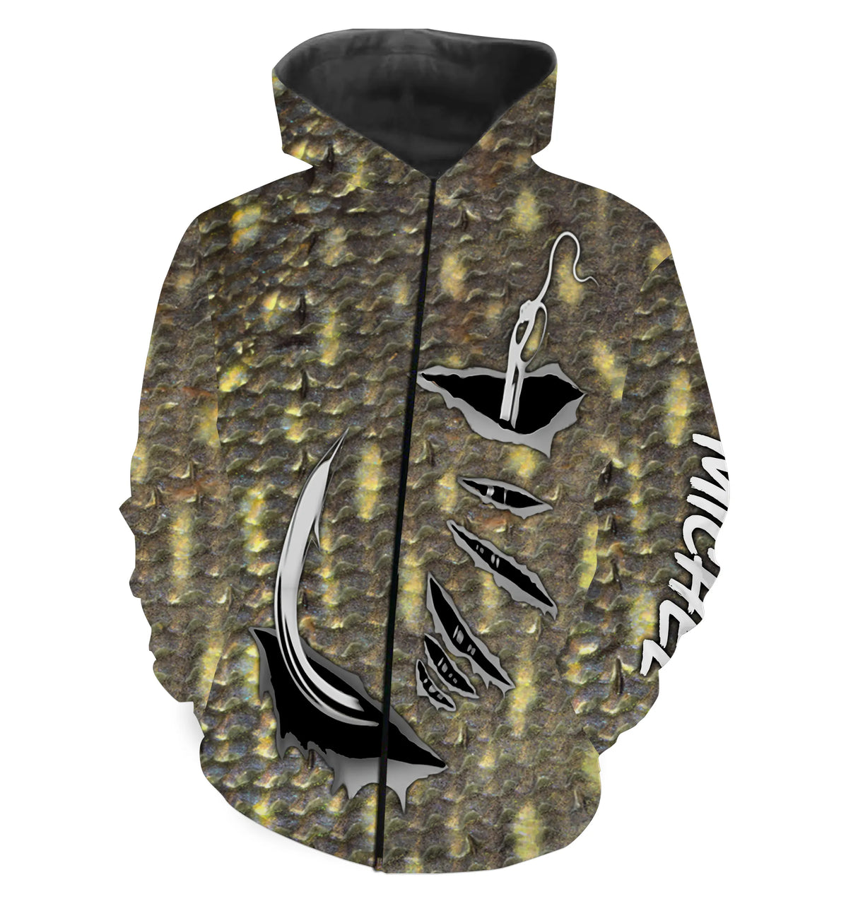 Hoodie all-over pêche brochet peau écaillée vert tigré