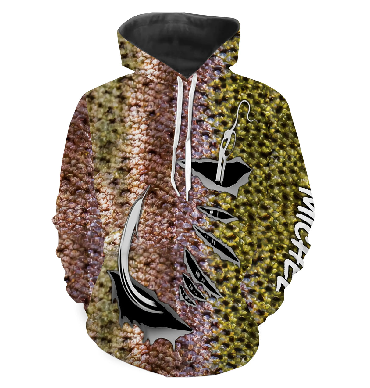 Sweat capuche pêche truite pattern peau salmonidé rose-or