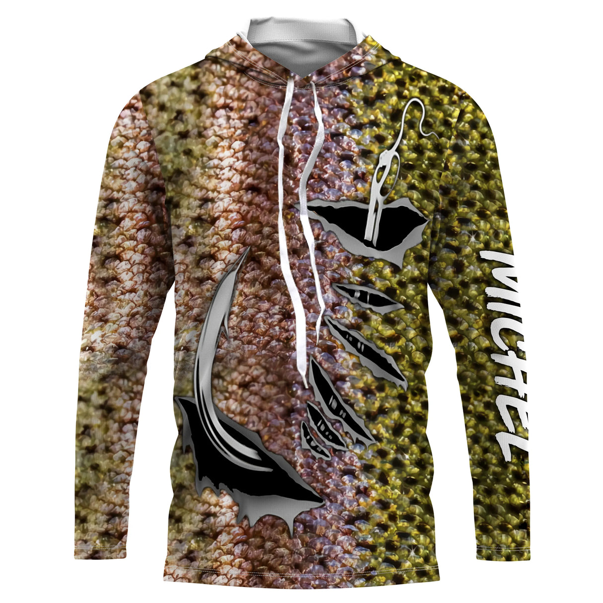 Tee-shirt pêche truite peau rose-or all-over trompe-l'œil avec hameçons noirs et prénom personnalisé