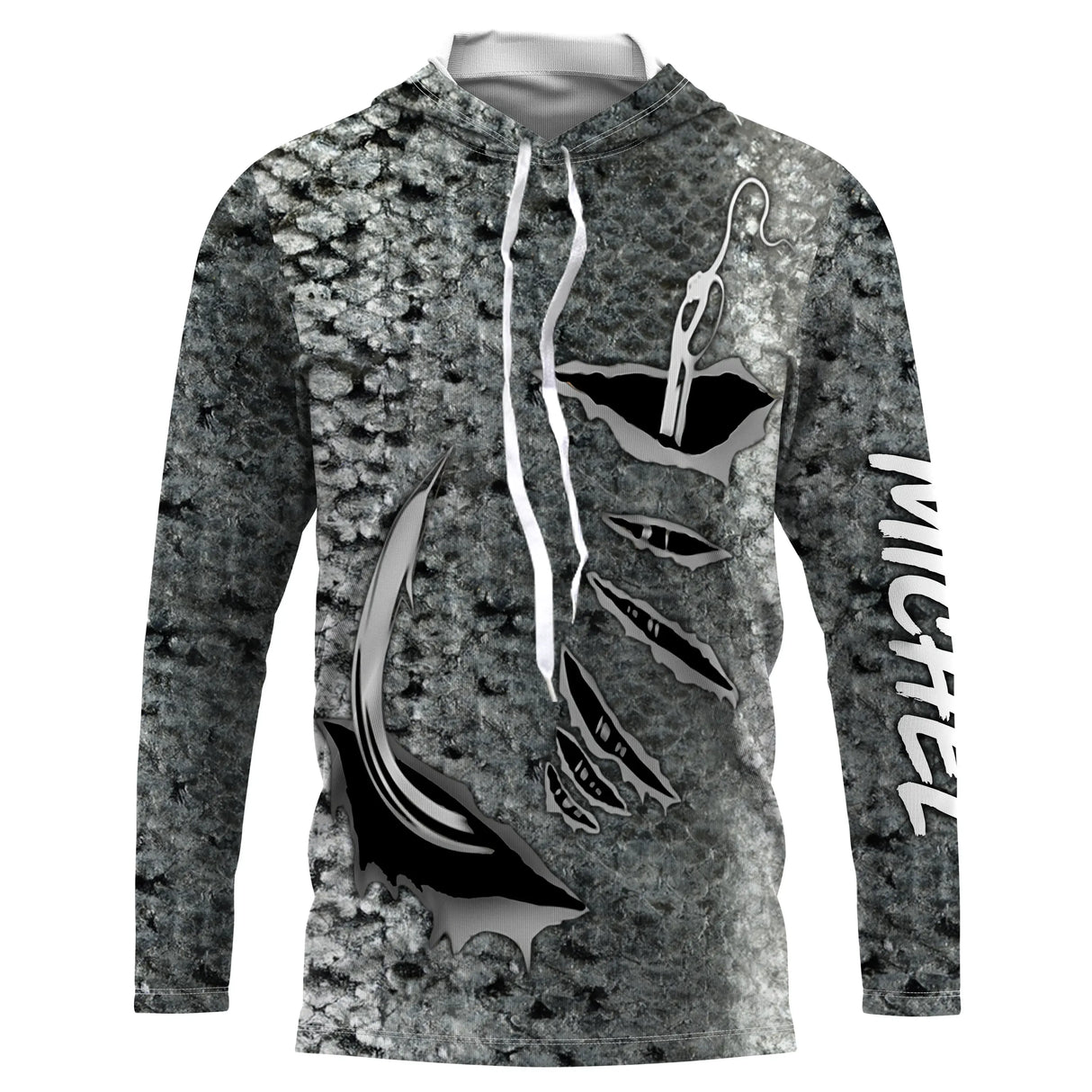 T-shirt anti UV à capuche pêche peau de saumon argentée, motif écailles all-over et hameçons graphiques