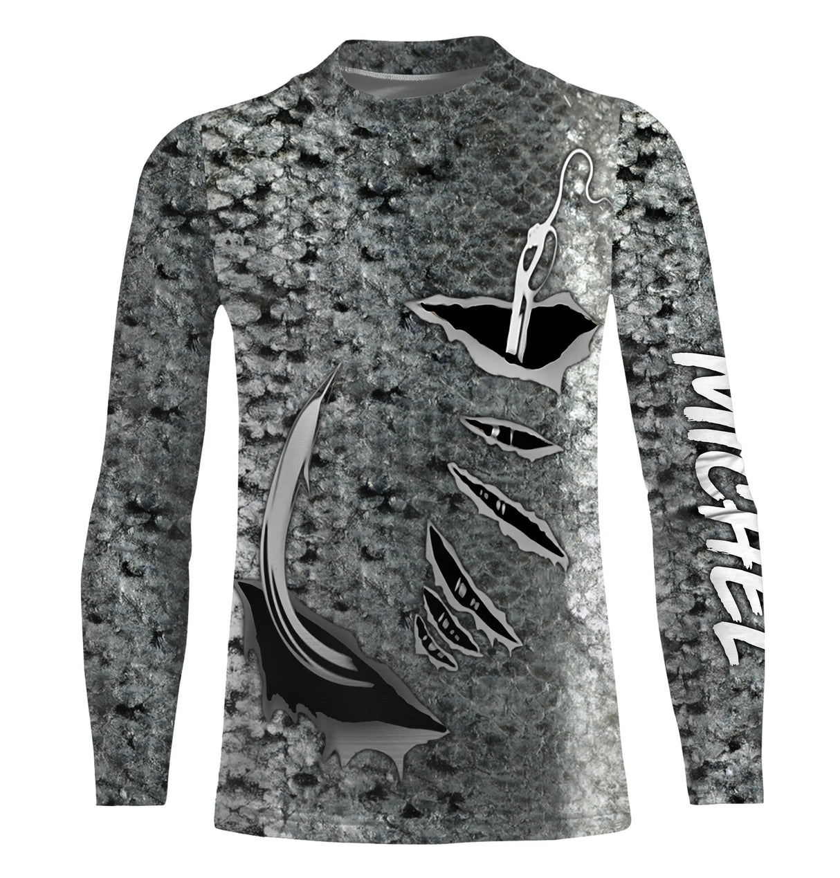 Tee shirt anti UV pêche saumon vue dos, motif peau argentée intégrale, vêtement technique pêcheur migrateurs