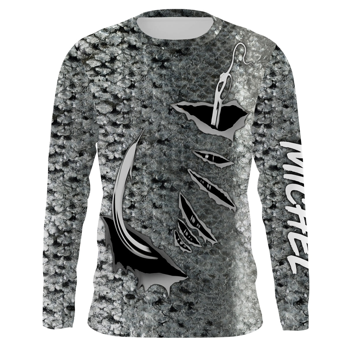 T-shirt anti UV manches longues pêche saumon, imprimé peau argentée et trio d hameçons, vêtement halieutique unisexe