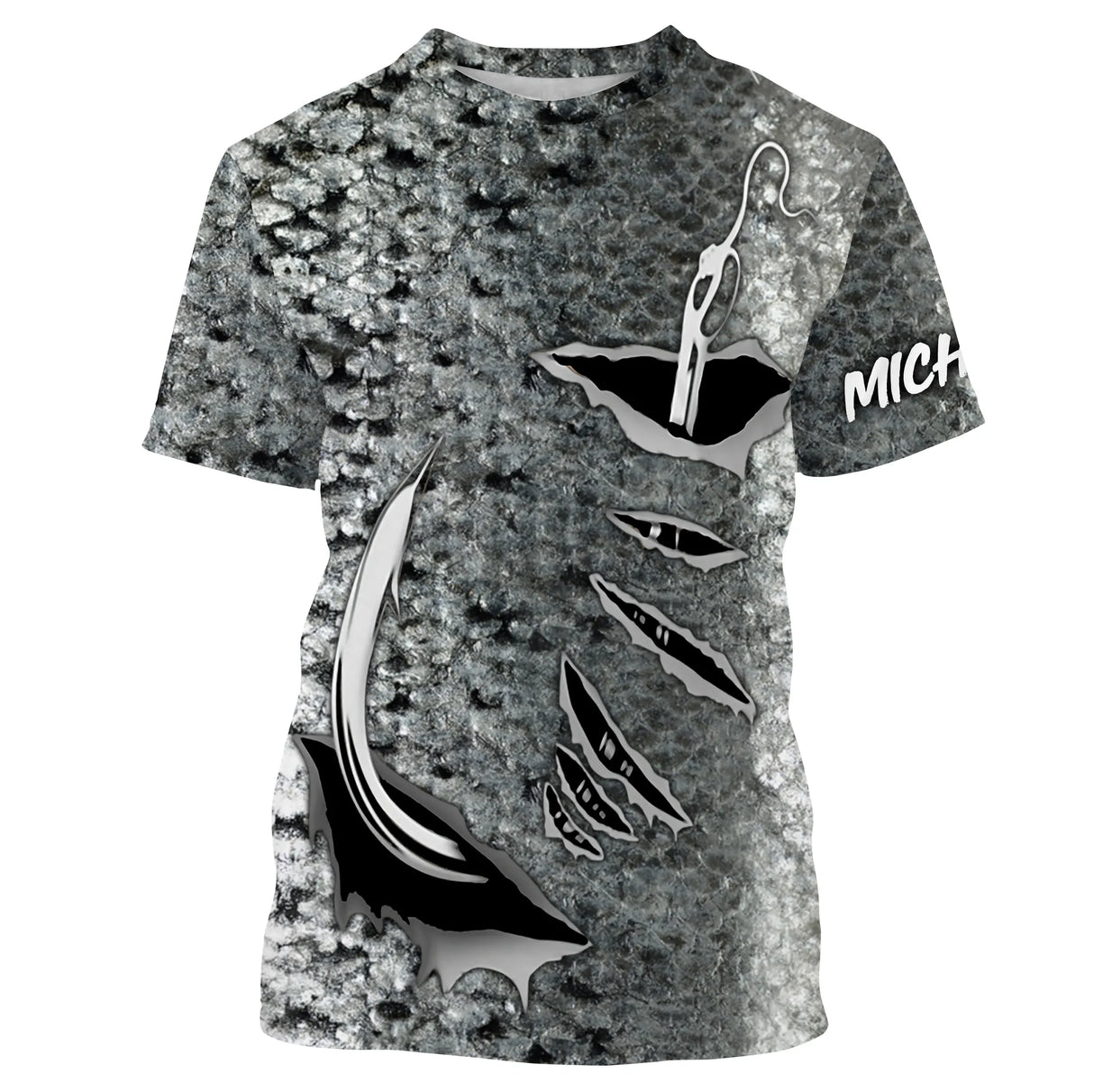T-shirt manches courtes pêche peau de saumon, motif écailles argentées all-over, accessoire personnalisable pour pêcheur