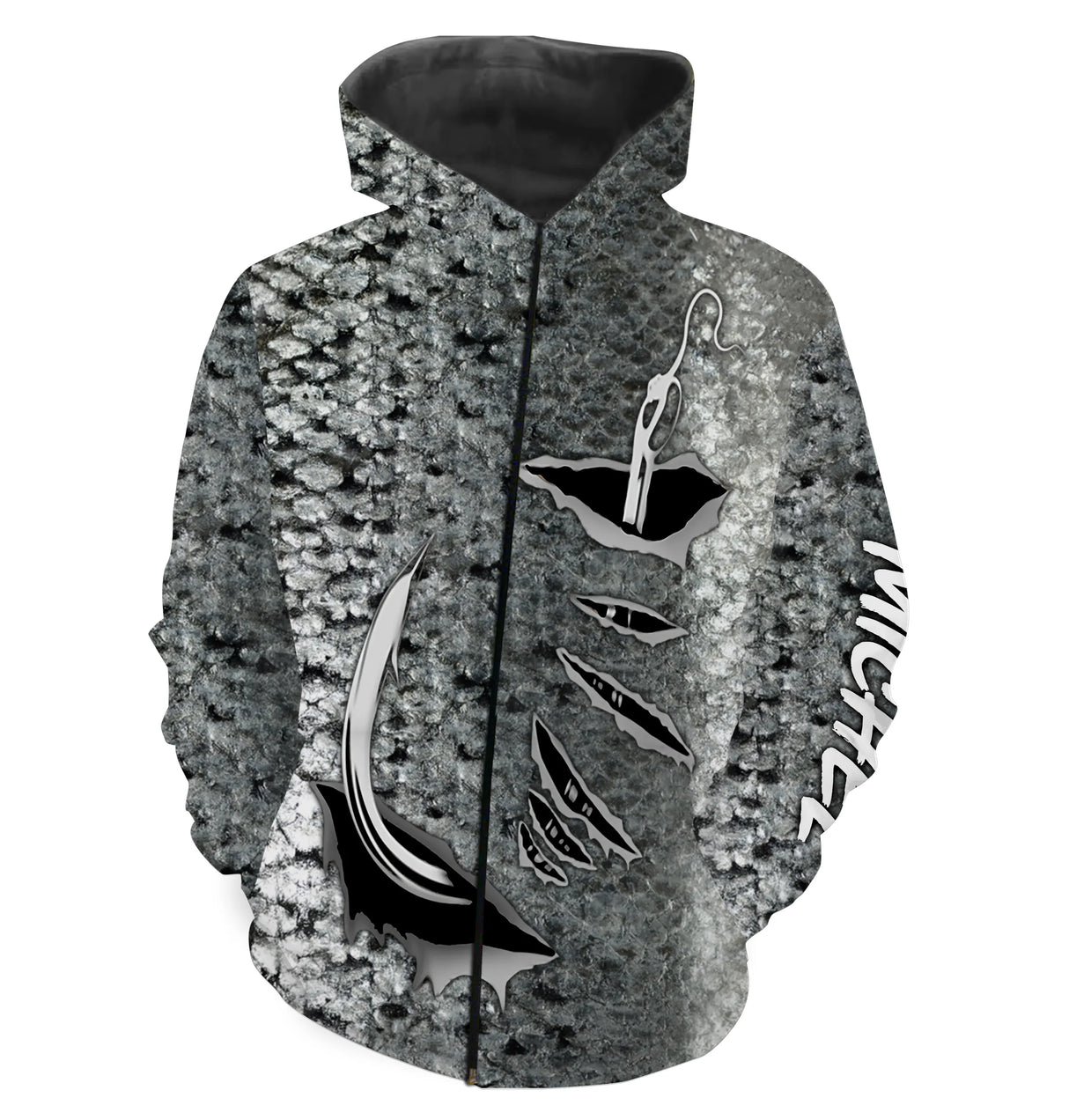 Polo zippé manches longues pêche saumon motif écailles, tenue technique pour saumonier et guide de pêche personnalisée