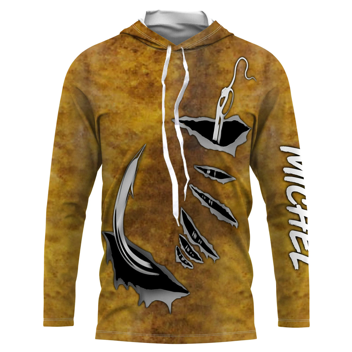 T-shirt anti UV à capuche pêche peau de silure ocre et brun motif all-over taches