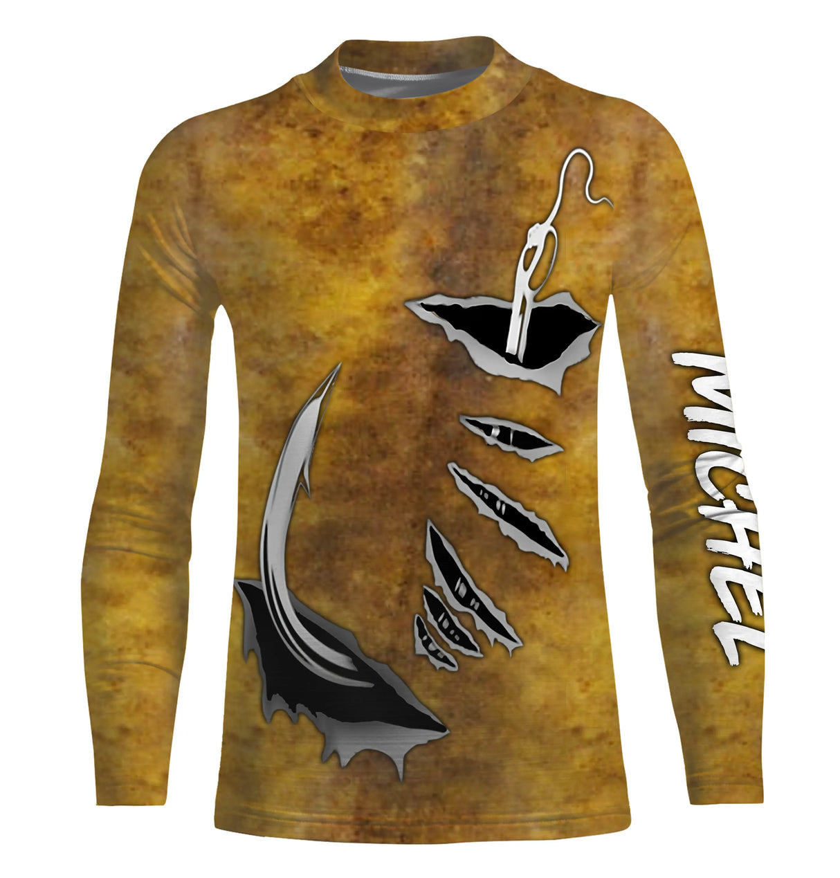 Tee shirt anti UV pêche silure vue dos, motif peau tachetée intégrale, vêtement technique pêcheur grands carnassiers