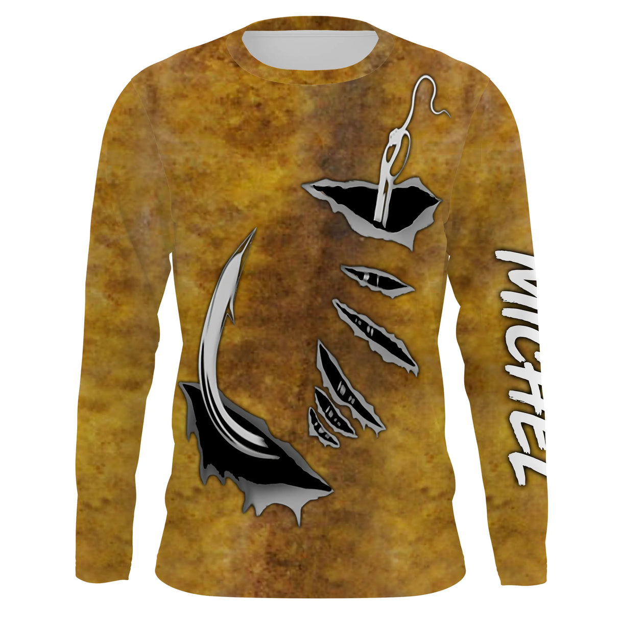 T-shirt anti UV manches longues pêche silure, imprimé peau ocre brun et trio d hameçons, vêtement halieutique unisexe