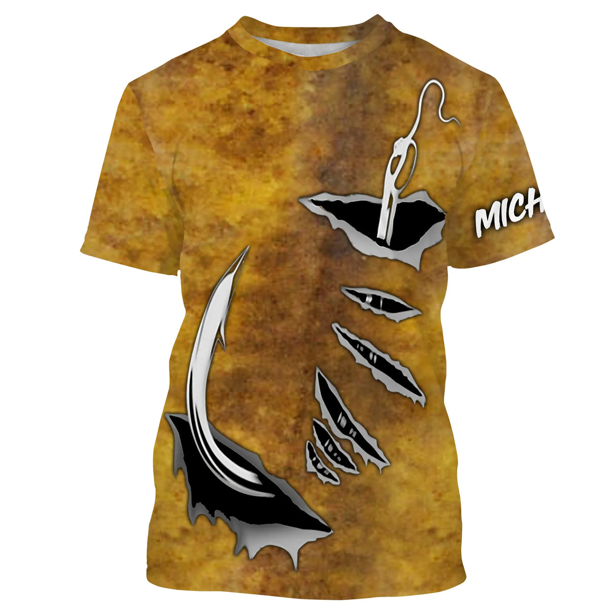 T-shirt manches courtes pêche peau de silure, motif tacheté ocre brun all-over, accessoire personnalisable pour pêcheur