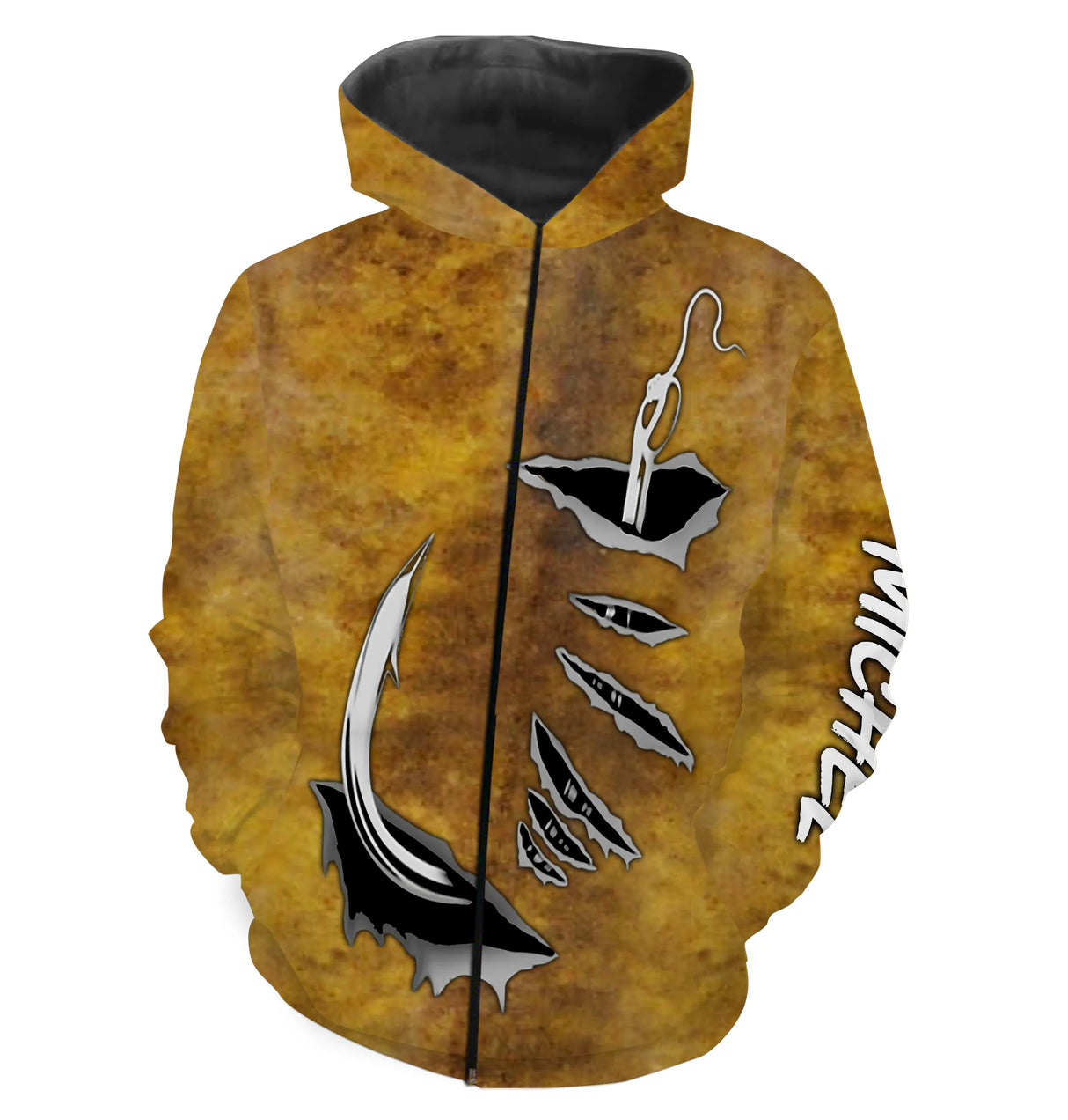 Polo zippé manches longues pêche silure motif taches ocre, tenue technique pour silurophile et guide de pêche personnalisée