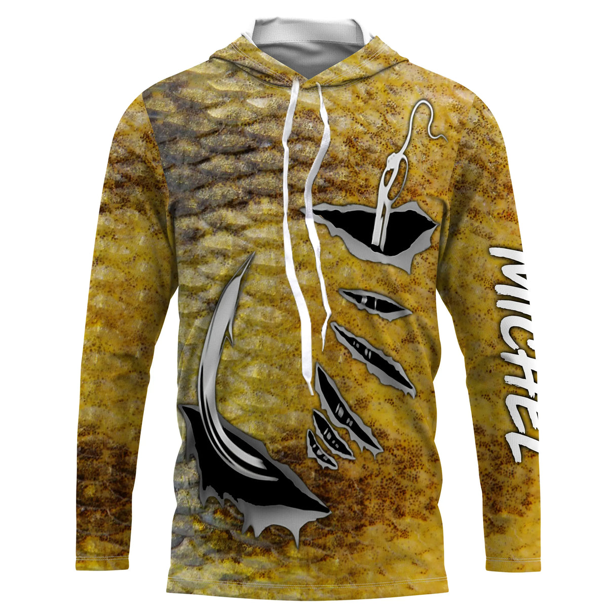 T-shirt anti UV à capuche pêche peau de perche jaune doré et noir, motif écailles all-over, hameçons graphiques et prénom