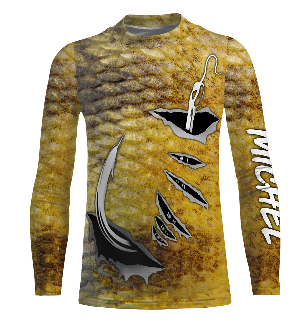 Tee shirt anti UV pêche perche vue dos, motif peau rayée intégrale, vêtement technique pêcheur carnassiers eau douce