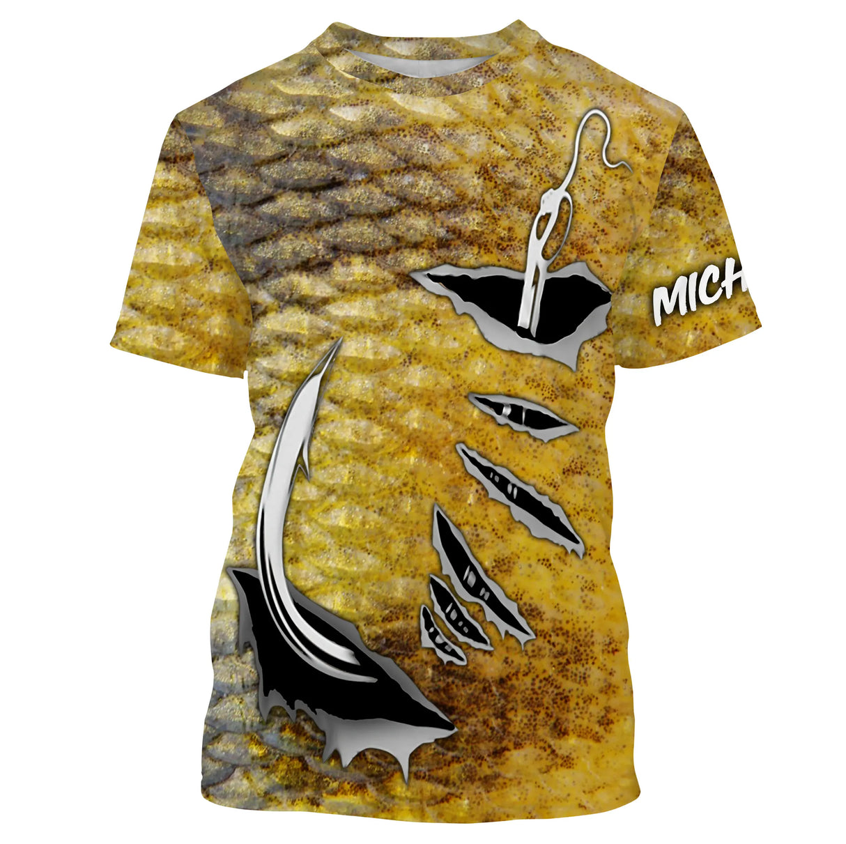 T-shirt manches courtes pêche peau de perche, motif rayures all-over jaune et noir, accessoire personnalisable pour pêcheur
