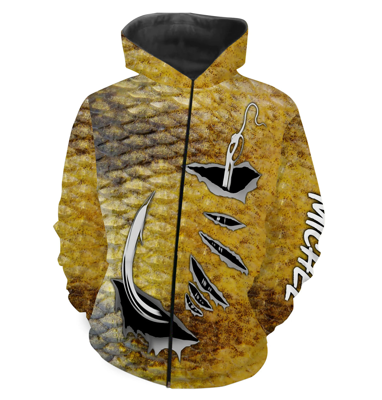 Polo zippé manches longues pêche perche motif rayures jaune noir, tenue technique pour guide de pêche personnalisée