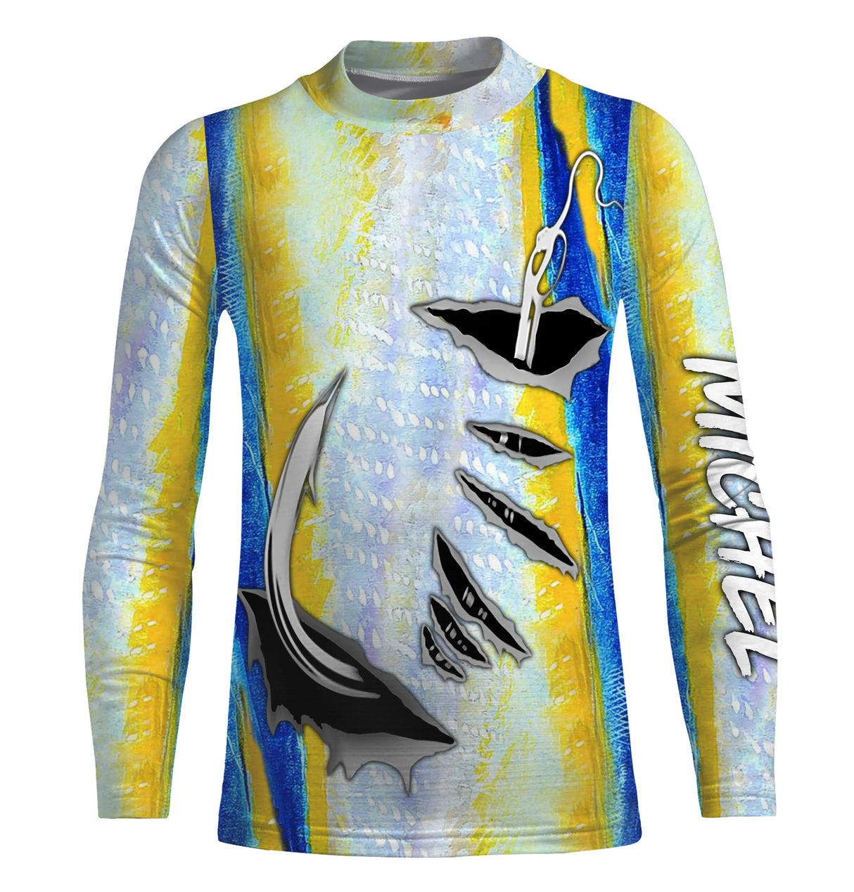 Tee shirt anti UV pêche thon vue dos, motif livrée bleu argent intégrale, vêtement technique pêcheur grands pélagiques