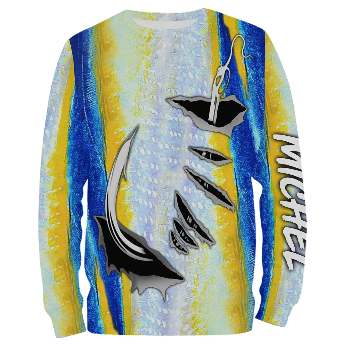 Sweat à capuche pêche peau de thon, imprimé all-over bleu marine et argent, vêtement chaud pour pêcheur en mer