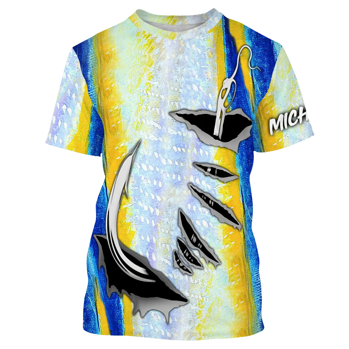 T-shirt manches courtes pêche peau de thon, motif stries bleu argent all-over, accessoire personnalisable pour pêcheur au