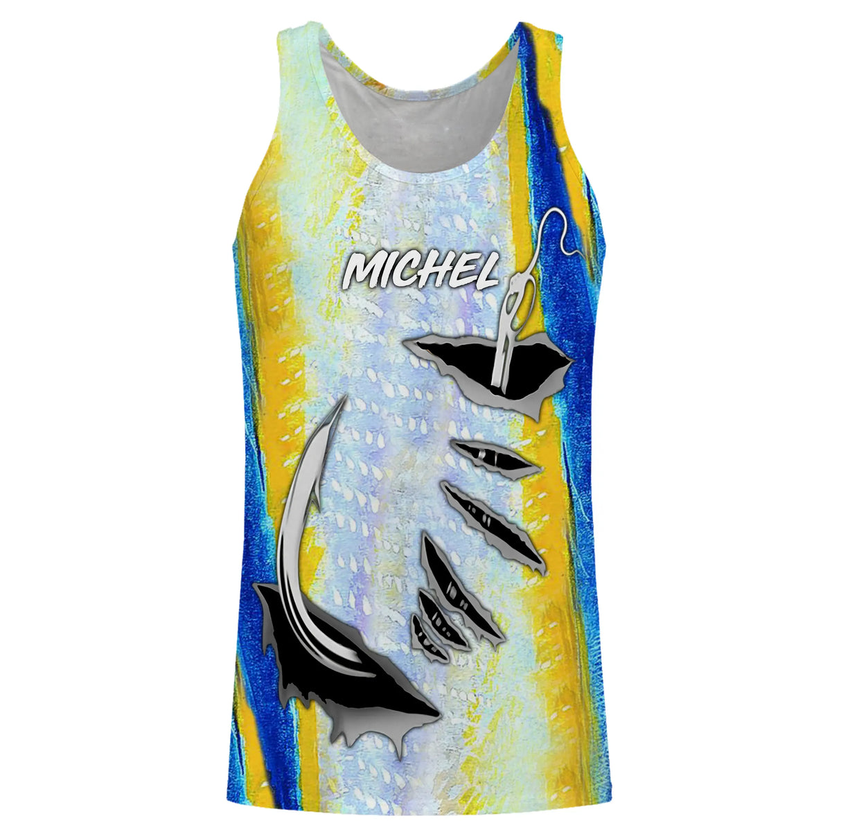 T-shirt halieutique peau de thon, coupe technique respirante, motif stries bleu argent, personnalisable prénom