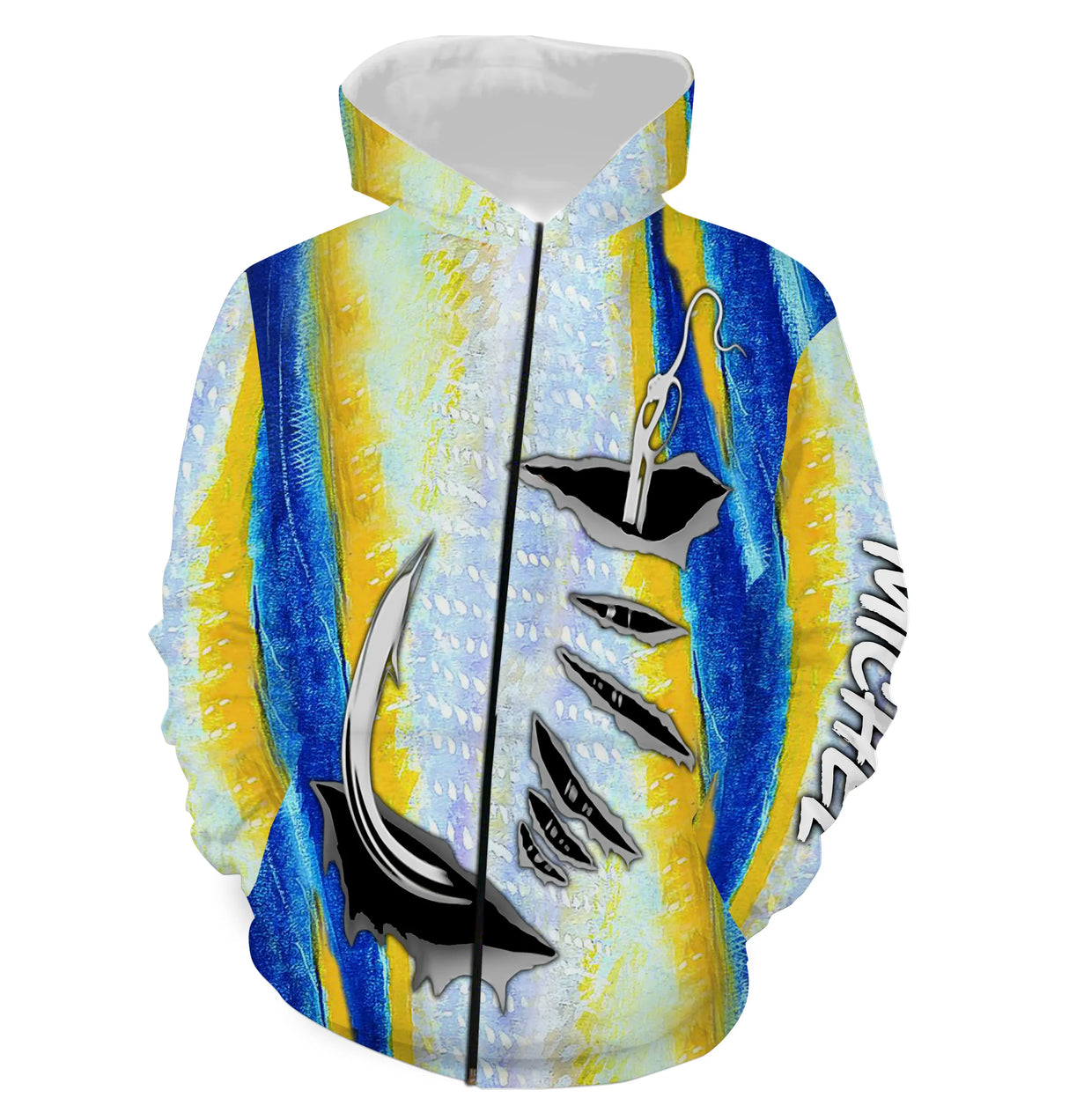 Polo zippé manches longues pêche thon motif livrée bleu argent, tenue technique pour skipper et guide de pêche personnalisée