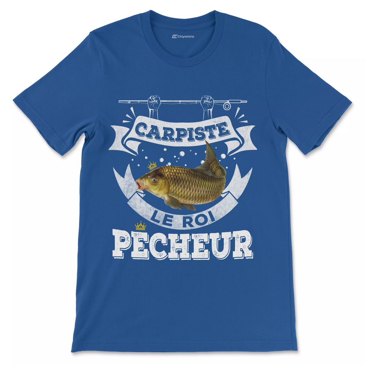 T-shirt carpiste vintage homme bleu marine motif carpe miroir dorée couronne royale Carpiste Le Roi Pêcheur