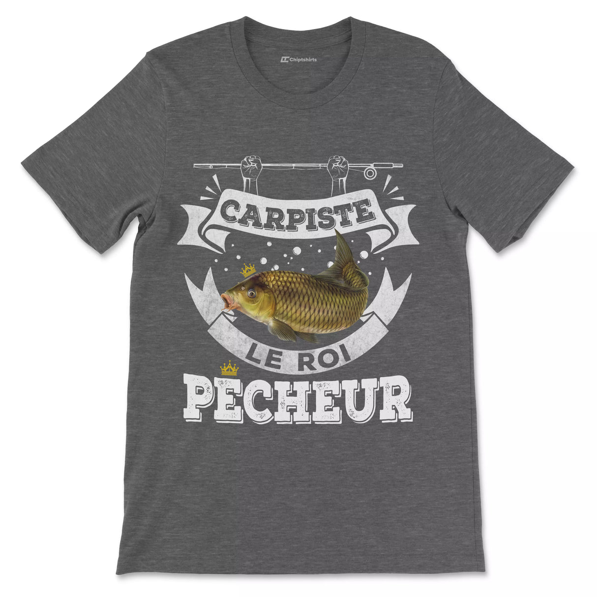 T-shirt carpiste vintage femme bleu marine motif carpe miroir bannière héraldique Carpiste Le Roi Pêcheur cintré