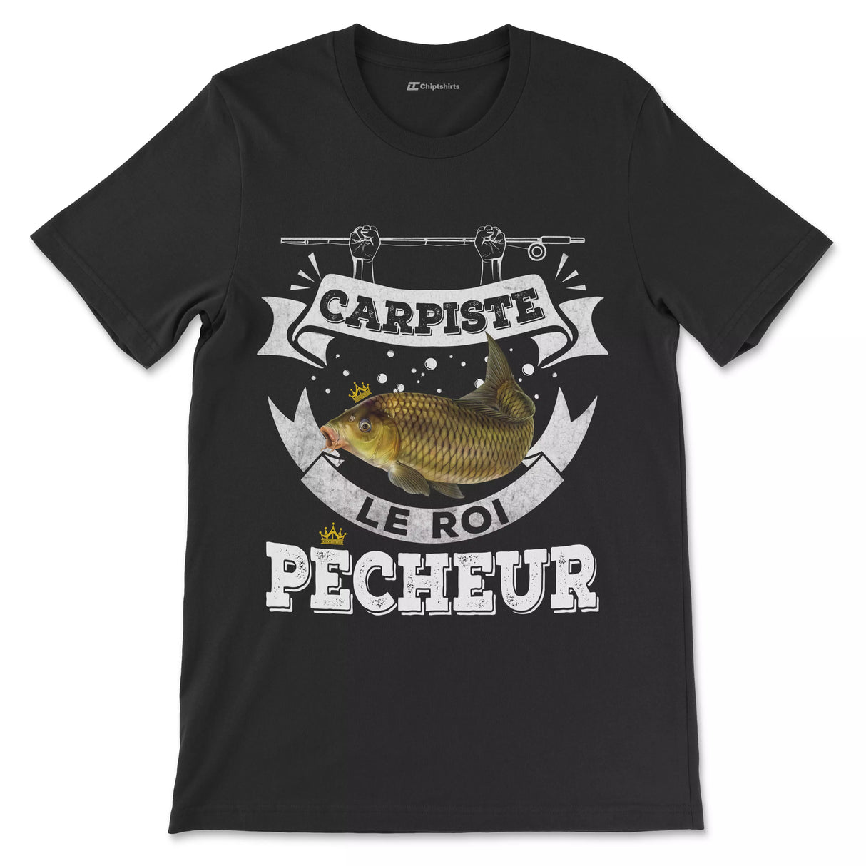 T-shirt humour carpiste bleu marine illustration carpe miroir dorée écailles couronne royale bannière vintage