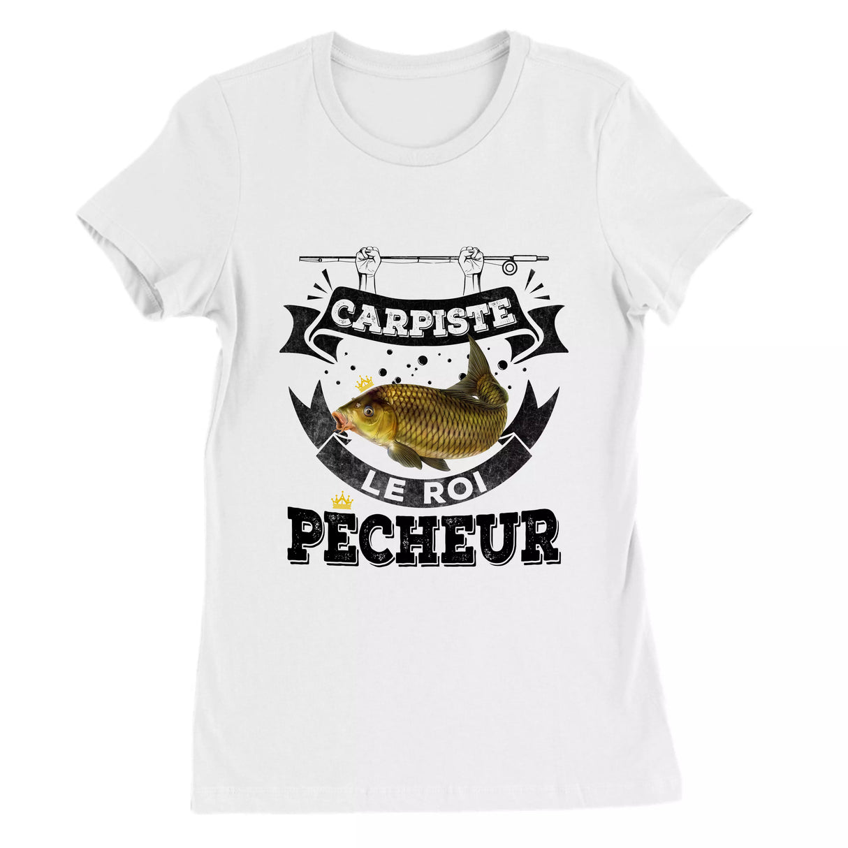 T-shirt carpiste vintage bleu marine motif carpe miroir dorée écailles couronne héraldique passionné cyprinidé