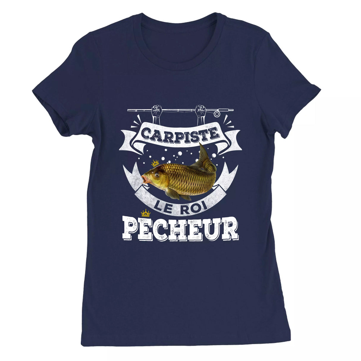 T-shirt cadeau carpiste vintage bleu marine motif carpe miroir dorée Carpiste Le Roi Pêcheur typographie blanche