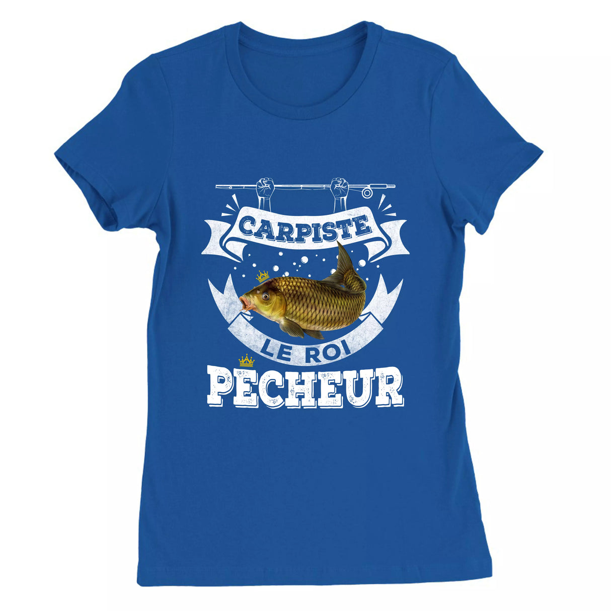 T-shirt vintage carpiste bleu marine illustration carpe miroir bannière héraldique couronne pêcheur fier passionné