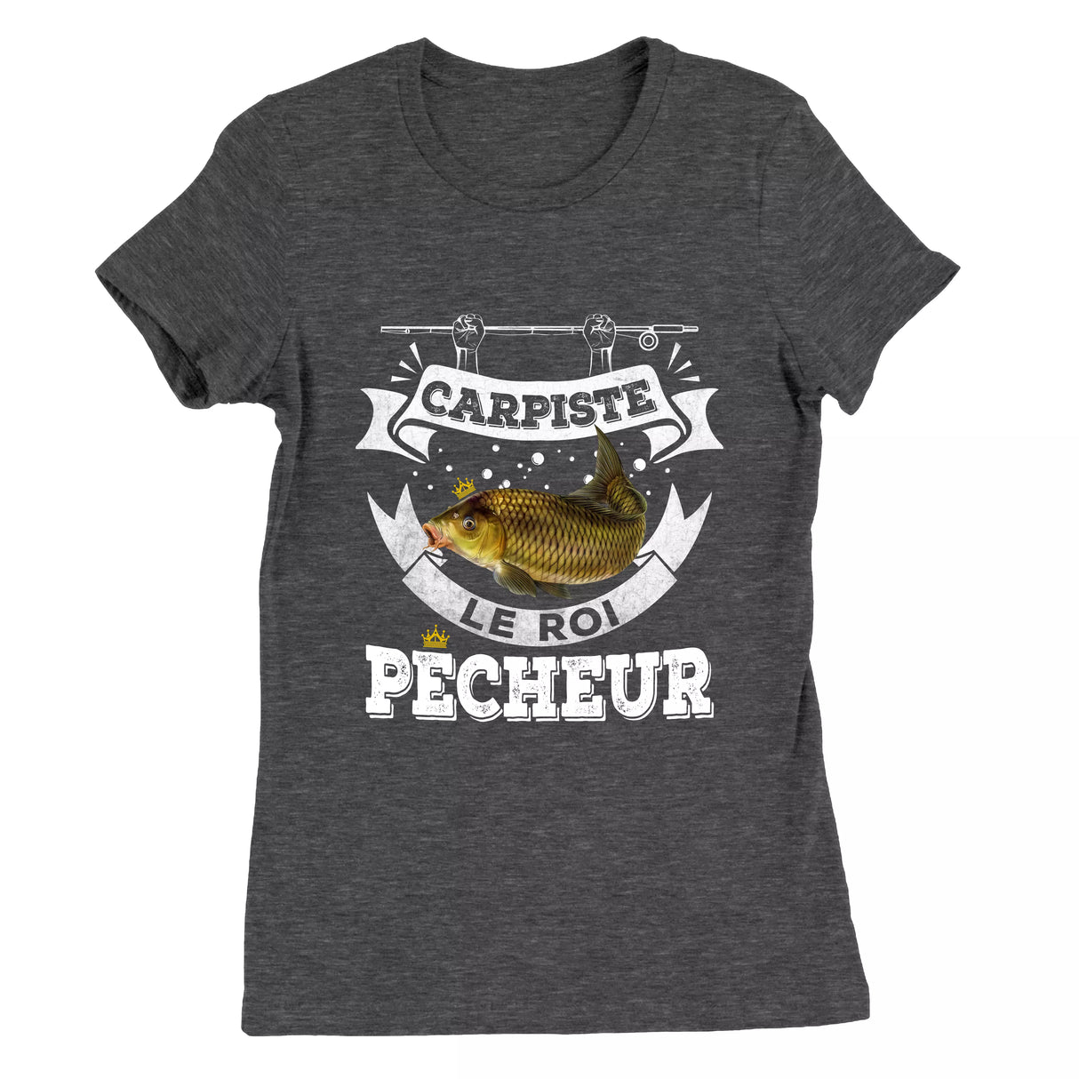 T-shirt carpiste roi pêcheur bleu marine motif carpe miroir couronne royale bannière vintage cyprinidé cadeau