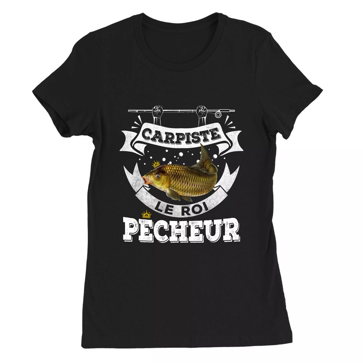 T-shirt carpiste cadeau bleu marine vintage motif carpe miroir Le Roi Pêcheur typographie dorée passionné cyprinidé