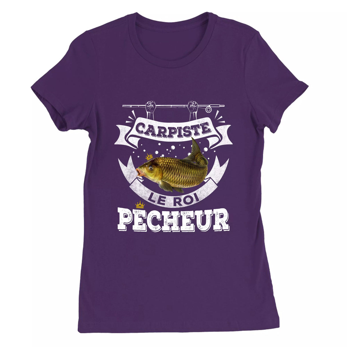 T-shirt humour carpiste vintage bleu marine illustration carpe couronne royale bannière héraldique Roi Pêcheur