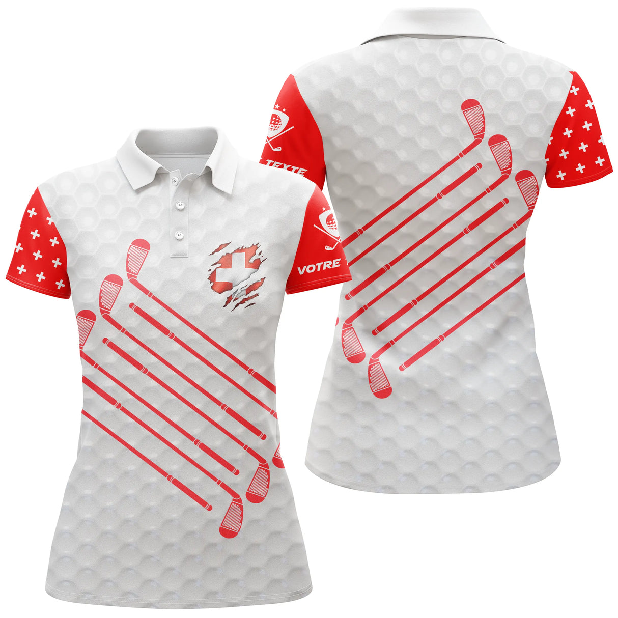 Polo de golf femme blanc rouge drapeau suisse clubs verticaux coupe ajustée féminine