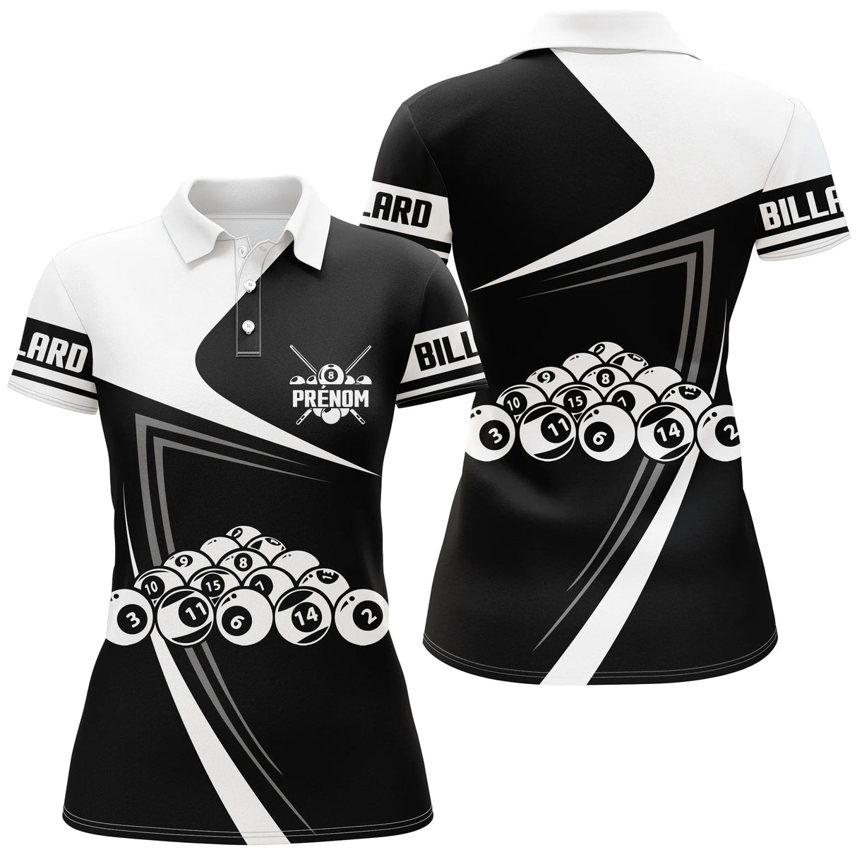 Polo billard noir et blanc femme avec boules du jeu de la 14/1 et design minimaliste, prénom personnalisé