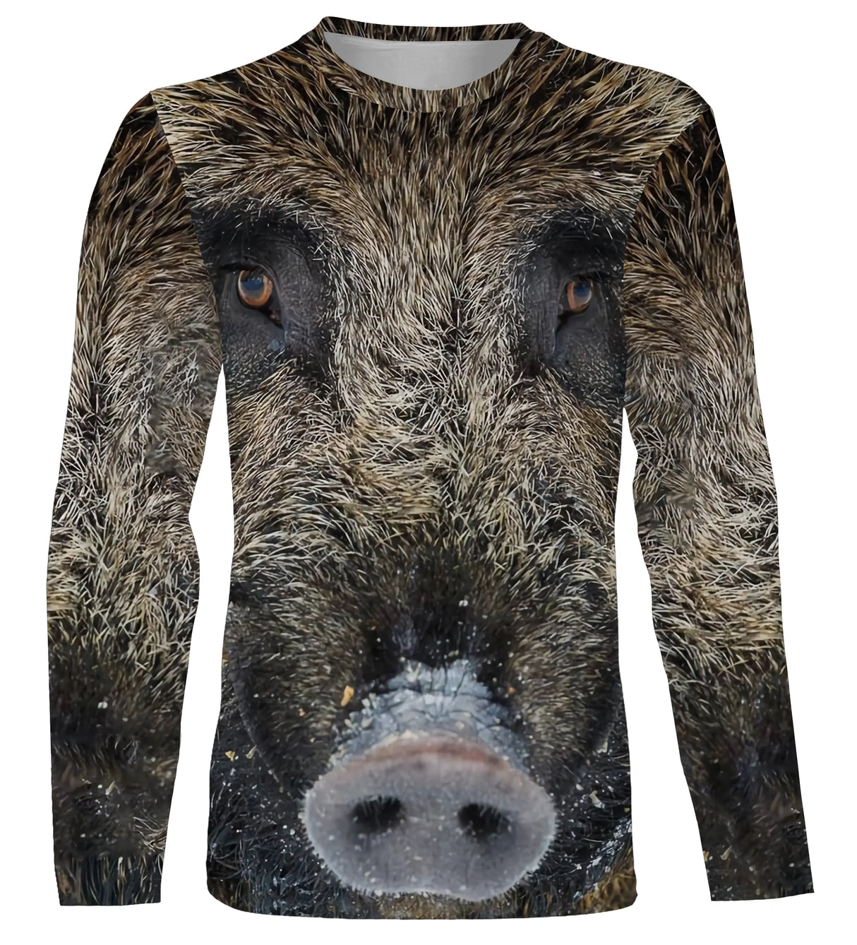 T-shirt chasse sanglier photo réaliste vue de face design ton sur ton brun, coupe unisexe all-over disponibles