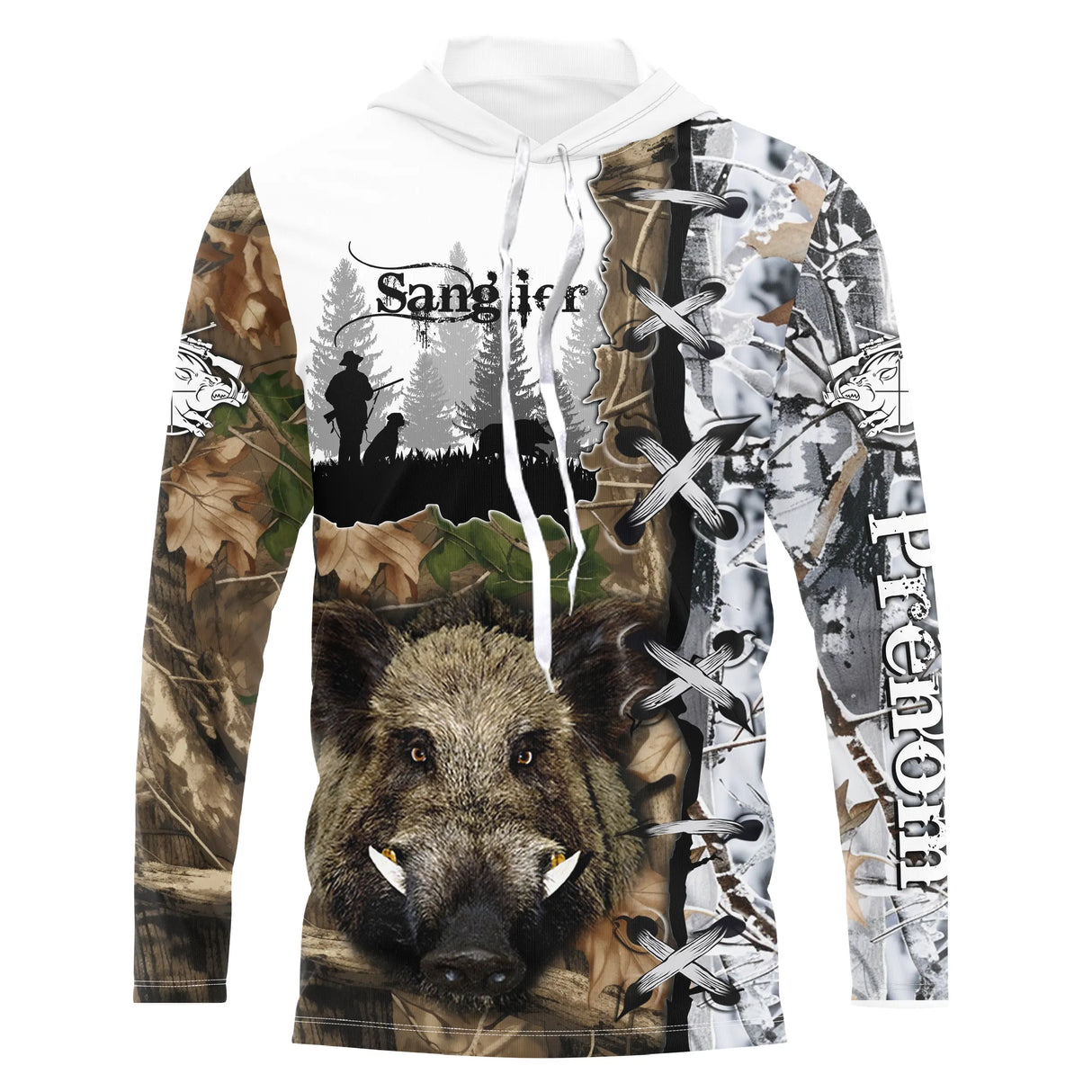 T-shirt anti UV chasse sanglier camo feuillages, motif tête sanglier et lettrage, accessoire pour chasseur