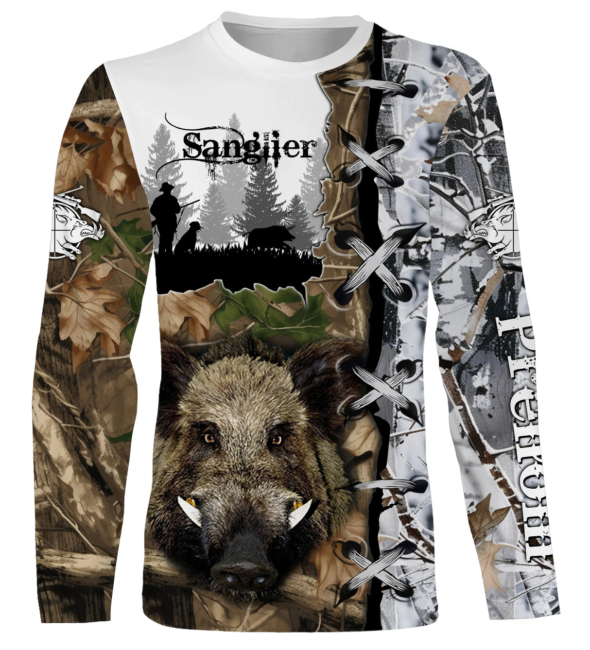 T-shirt sanglier camouflage Realtree vue de face design feuillages bruns et oranges, coupe unisexe personnalisable