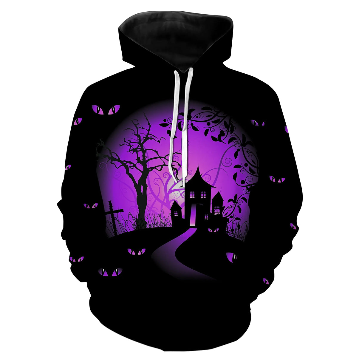 Sweat à capuche all-over Halloween yeux de chat, ambiance mystérieuse violet et noir, vêtement pour soirée gothique