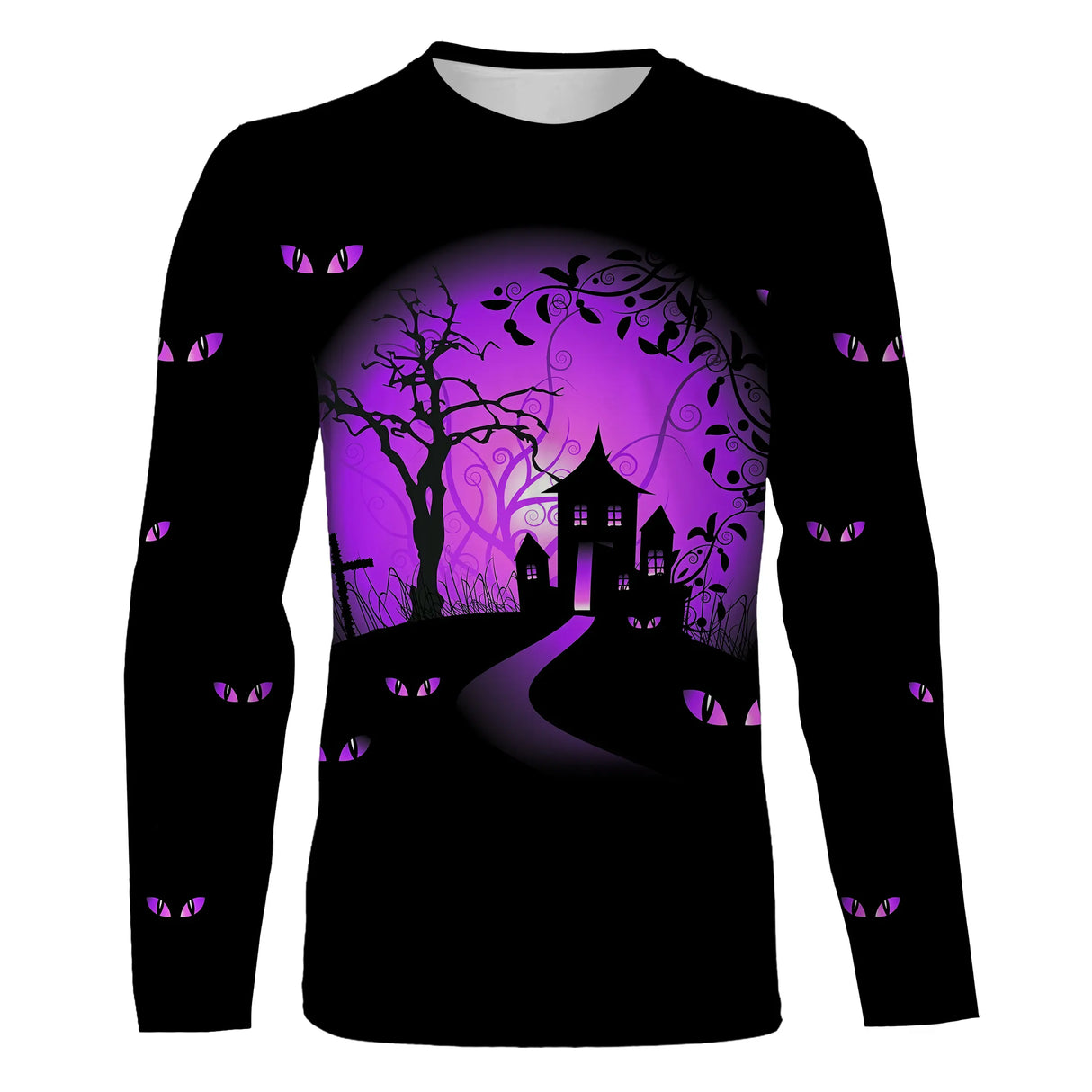 T-shirt Halloween yeux de chat vue de face design gothique violet, coupe unisexe all-over