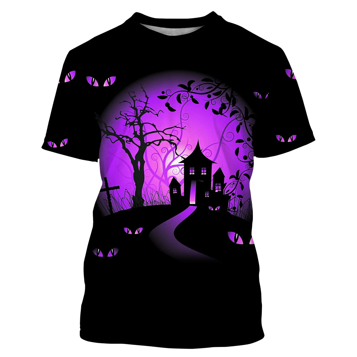 T-shirt Halloween all-over avec maison hantée silhouette devant arbre torturé halo violet et yeux de chat répétés sur fond