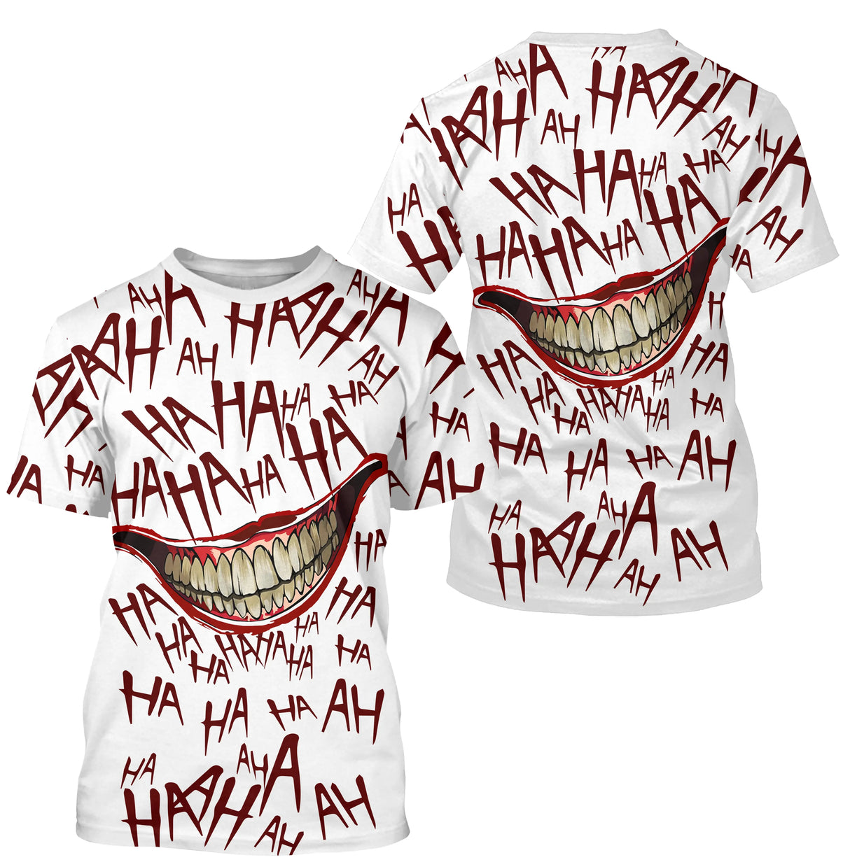 T-shirt Halloween blanc all-over unisexe avec sourire du Joker rouge et inscription HA HA HA HA