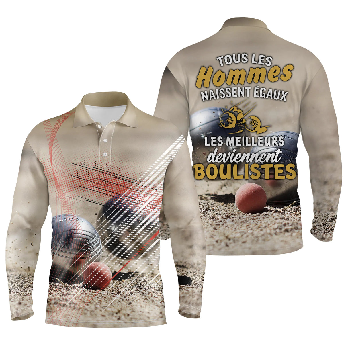 Polo pétanque sable beige variante coloris all over citation bouliste photo boules réalistes